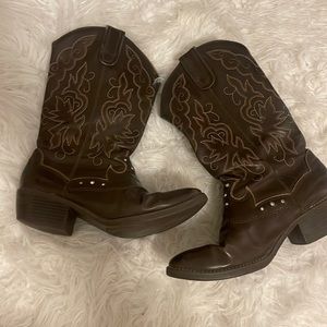 Women’s brown faux leather cowgirl boots with rhinestones